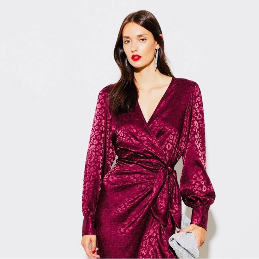 Woman’s Wrap Burgundy Red Satin Leopard animals print long sleeve Dress ~ NWTS